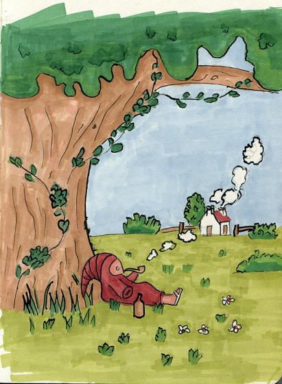 marker drawing of a hooded person laying under the tree smoking pipe