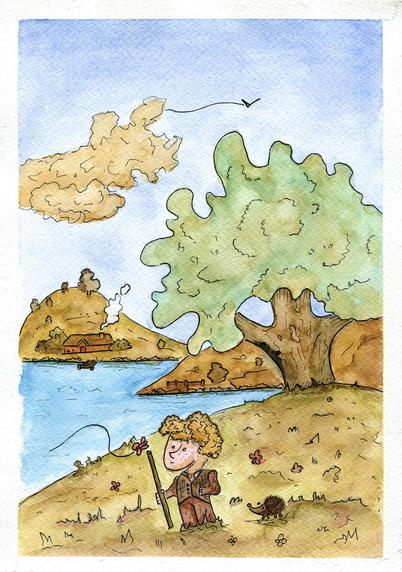 Watercolor painting of a small man walking on a glade beside the tree. Hills and homes in the background