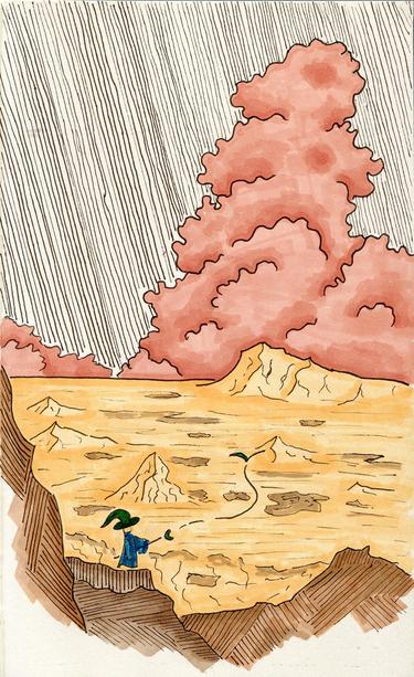 Marker drawing of a wizard standing in front of a desert with big red cloud in the background.