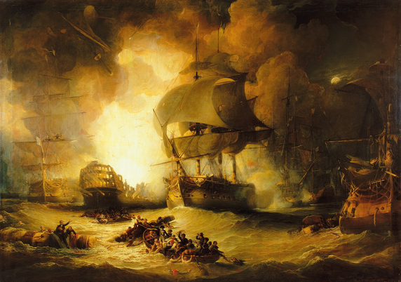 eorge Arnald painting: The Destruction of 'L'Orient' at the Battle of the Nile, 1 August 1798
Orient explodes at the Battle of the Nile. Franklin is the ship in the extreme left of the picture, and was almost set on fire herself by falling debris.