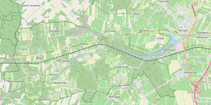 Screenshot z OpenStreetMaps przedstawiający wieś Werdun na mapie gminy Tarczyn