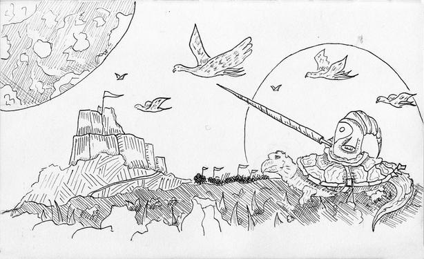 ink drawing of a knight on a turtle. castle in the background birds over him