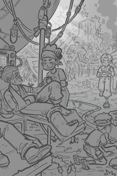 A fragment of the "Community Aid Network" sketch from Daniele Turturici. It shows a field base with a medical tent, someone being treated after an unnamed disaster. Nearby a kid is learning something, someone is coming back with food, in the background a mech is helping clean up some ruins