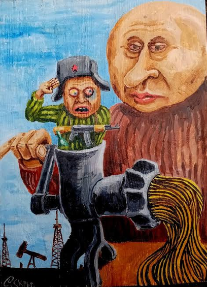 Putin passing a Russian soldier through a meat mincer