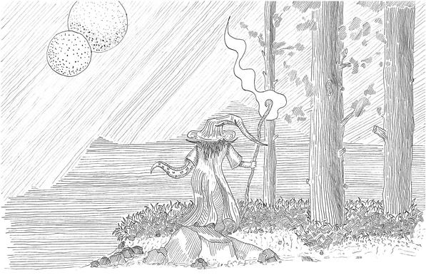 Ink drawing of a wizard standing on the edge of the forest watching two moons